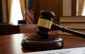 A wooden gavel resting on a legal document titled 'Form I-589 Application for Asylum', representing a Mandamus for asylum delay lawsuit to force USCIS to act.