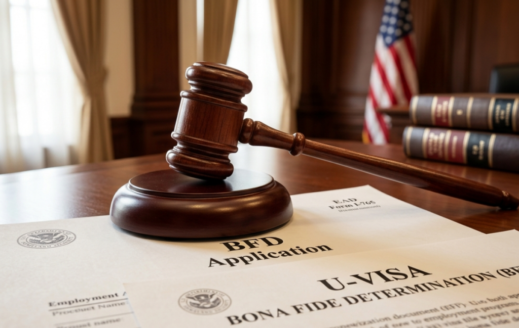 A wooden gavel resting on an official U-Visa BFD work authorization application form, representing a Mandamus lawsuit for U-Visa BFD delay.