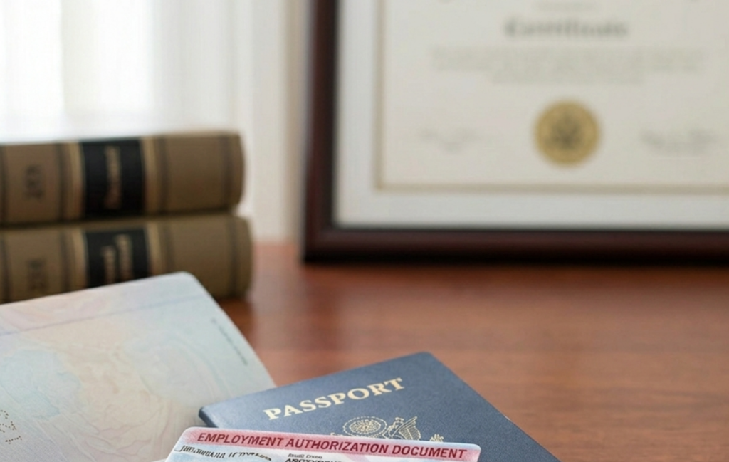 A professional close-up of a work permit and passport, representing an EAD and Advance Parole Mandamus lawsuit to resolve USCIS processing delays.