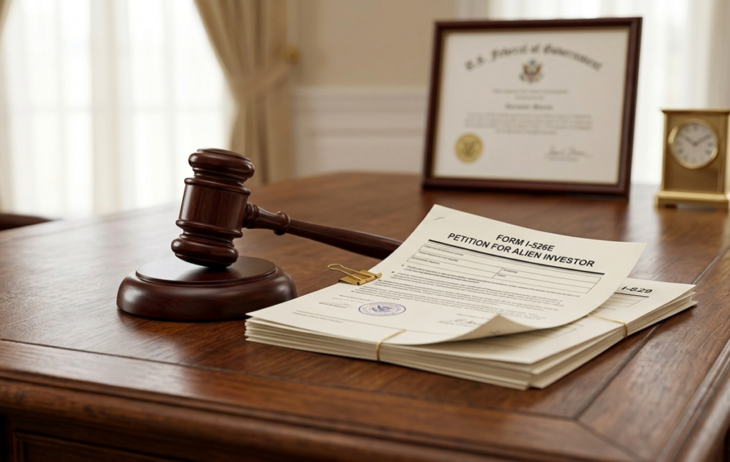 A formal mahogany gavel resting next to a stack of legal documents labeled 'I-526E Petition for Alien Investor' and 'I-829 Condition Removal', representing an EB-5 Mandamus lawsuit.