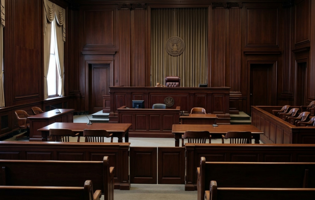 An empty and solemn United States Federal Courtroom with a judge’s bench and a gavel, representing the formal setting for a Mandamus lawsuit for immigration FAQ.