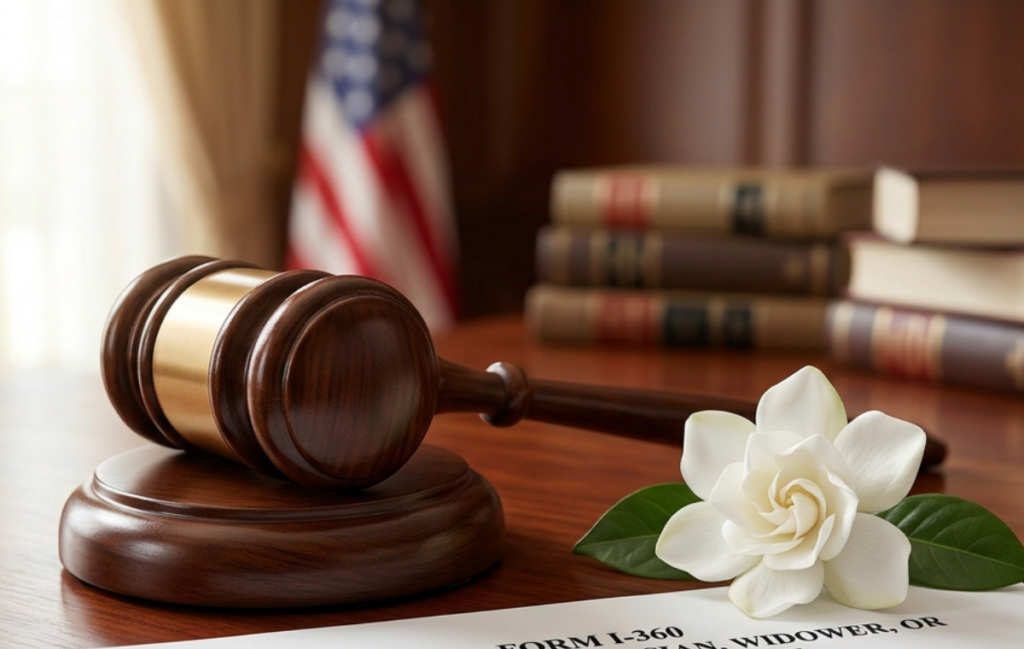 A wooden gavel and a white flower on an official VAWA I-360 self-petition form, representing hope and a Mandamus lawsuit for VAWA delay.