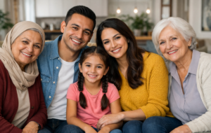 A happy, multi-generational family (father, mother, daughter, and two grandmothers) embracing and smiling, illustrating the successful outcome of an I-130 delay mandamus lawsuit that reunited them in the U.S.
