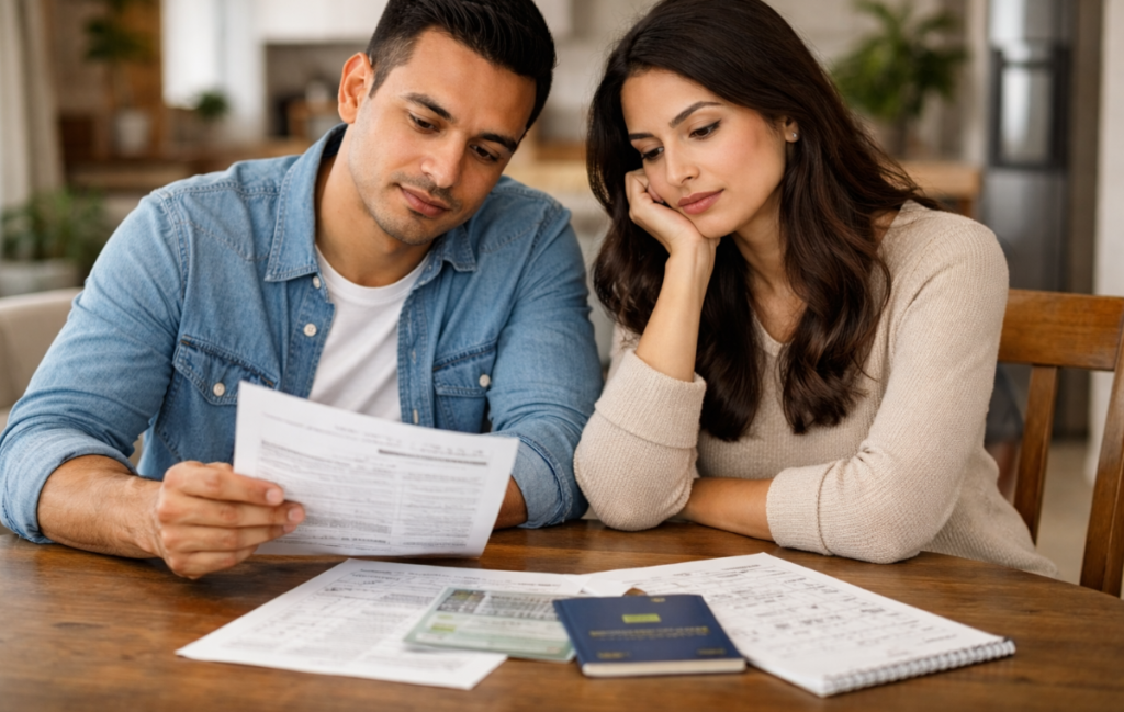 A confused young immigrant couple on a couch looking at a USCIS I-751 delay mandamus lawsuit explanation, indicating the need for federal litigation to approve their 10-year Green Card.