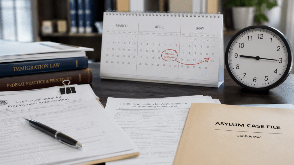 Asylum clock stopped concept with legal documents, calendar, and work permit timeline