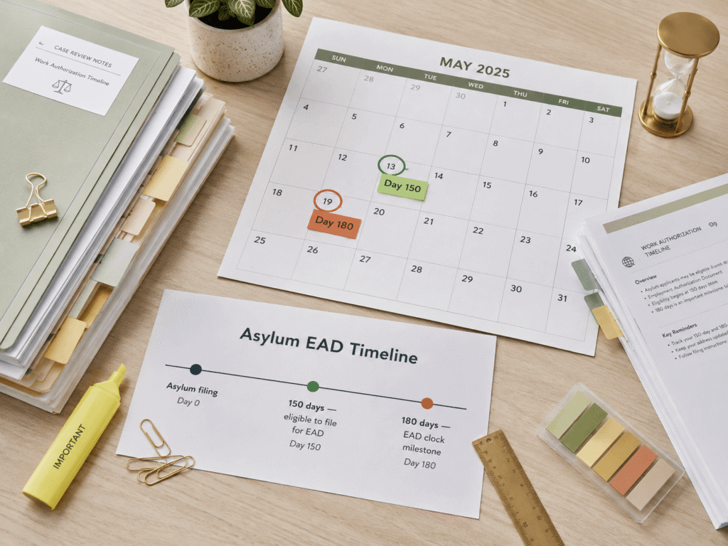 Calendar and paperwork showing asylum EAD clock timing for work authorization