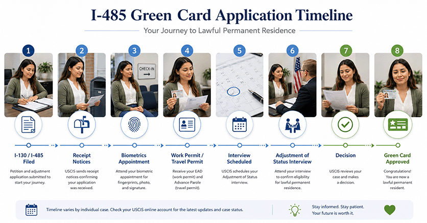 Calendario y documentos legales que muestran una demora en un caso de green card después de la entrevista