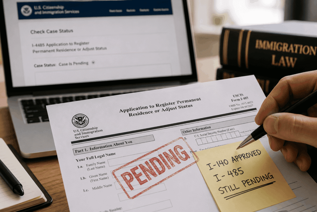 Solicitante revisando documentos por una demora en I-485 basado en empleo después de I-140 aprobado