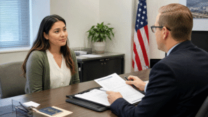 Solicitante esperando una decisión después de una entrevista de ajuste de estatus con documentos de USCIS sobre un escritorio