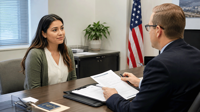 Solicitante esperando una decisión después de una entrevista de ajuste de estatus con documentos de USCIS sobre un escritorio