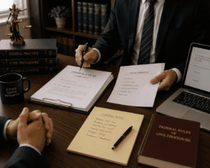 Mandamus avukatı federal dava öncesi göçmenlik dosyası belgelerini inceliyor