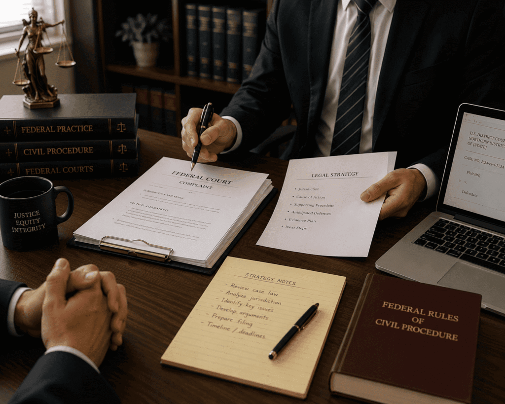 Mandamus lawyer reviewing immigration delay documents before filing a federal lawsuit