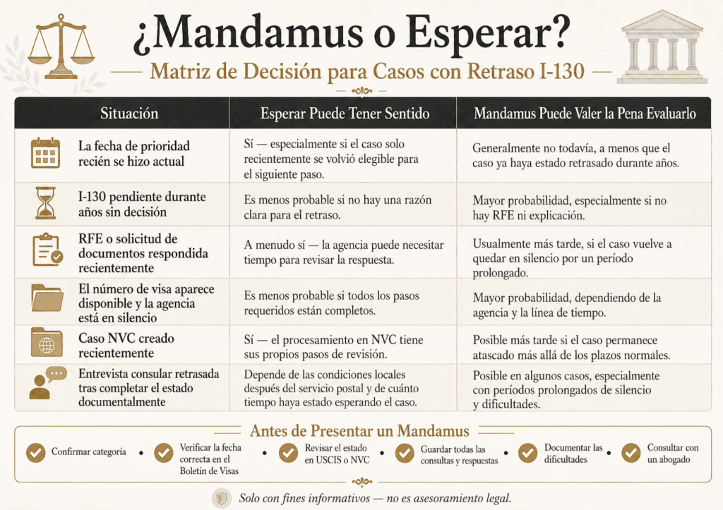 lista de decisión para evaluar mandamus o esperar en un caso I-130 retrasado