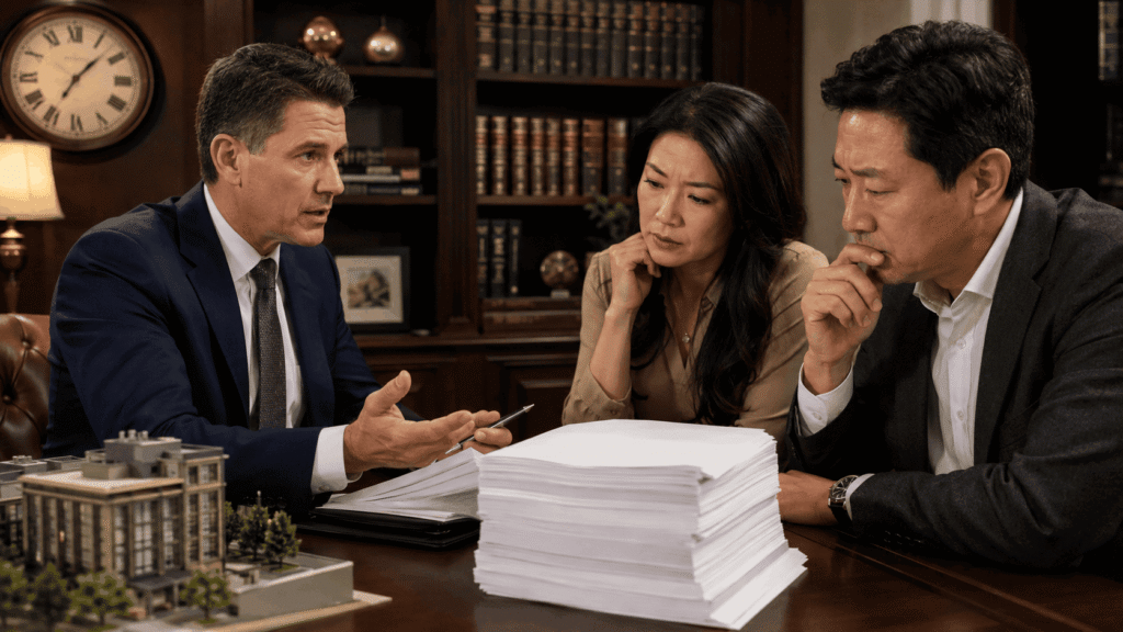 Documentos legales de una demanda por retraso EB-5 I-526E sobre un escritorio