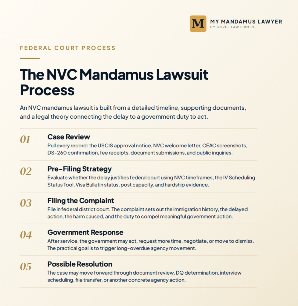 Timeline showing key stages in an NVC delay lawsuit evaluation