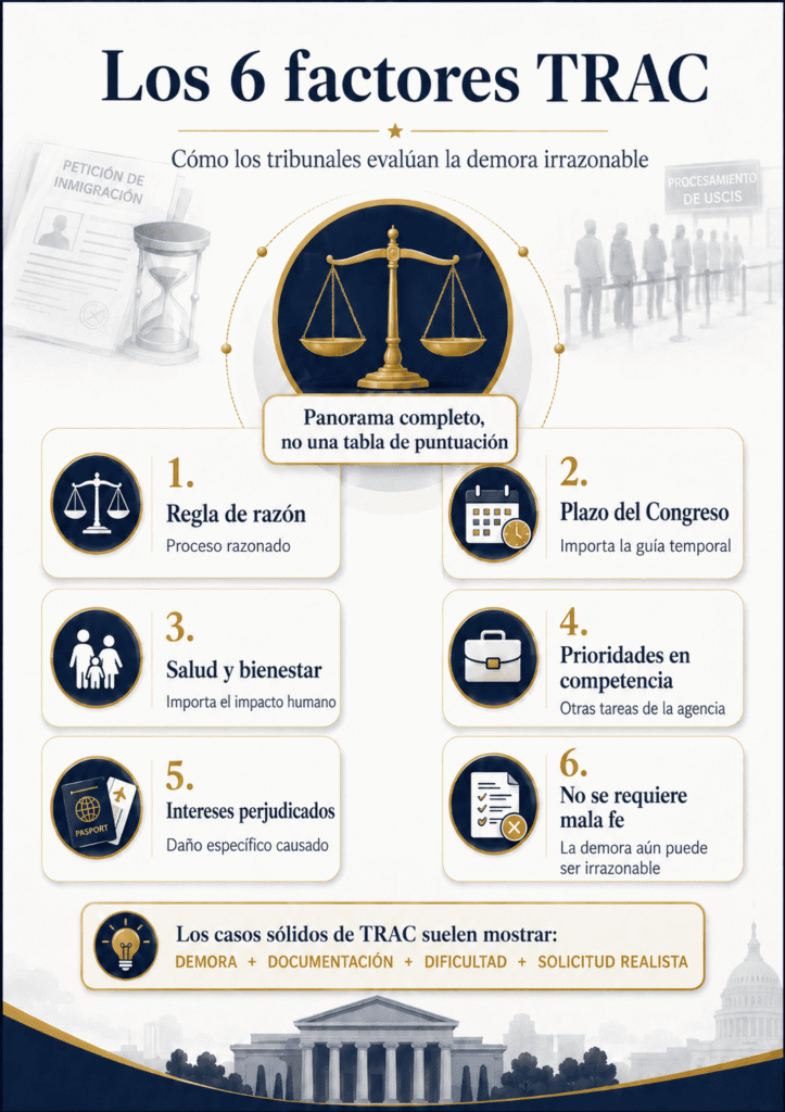 Lista legal de los seis factores TRAC en una demanda migratoria por demora