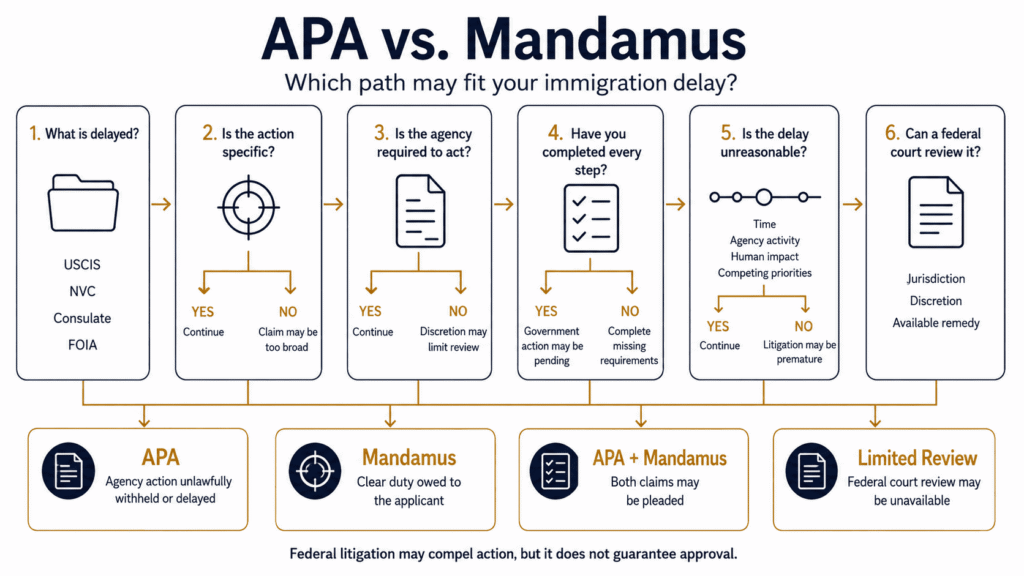 Six-step APA and mandamus immigration delay decision tree