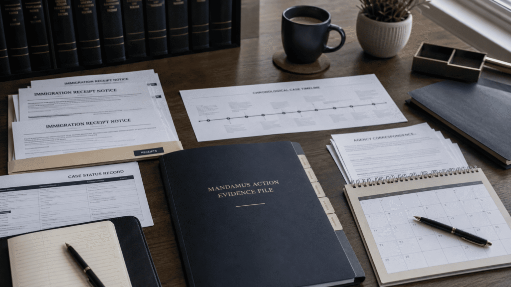 Organized evidence for a mandamus lawsuit involving an immigration delay