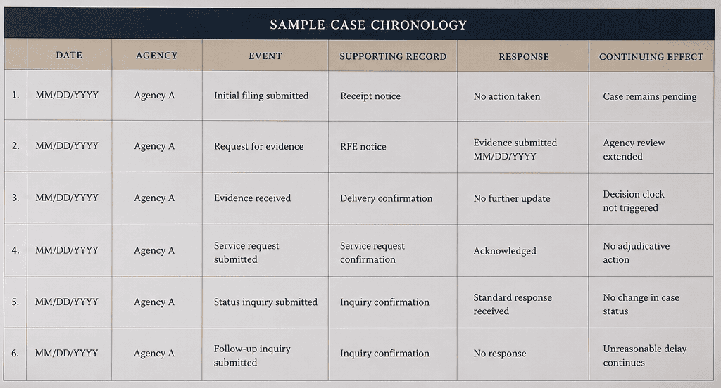 Sample timeline for organizing immigration delay evidence