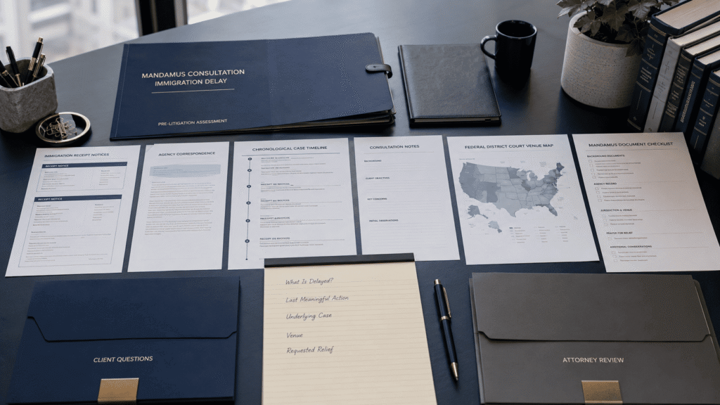 Organized mandamus consultation file showing immigration notices, case timeline, attorney questions, and federal litigation review