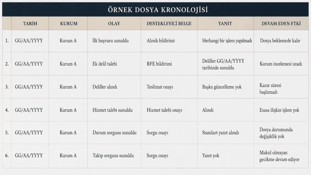 Göçmenlik gecikmesi kanıtlarını düzenlemek için örnek zaman çizelgesi