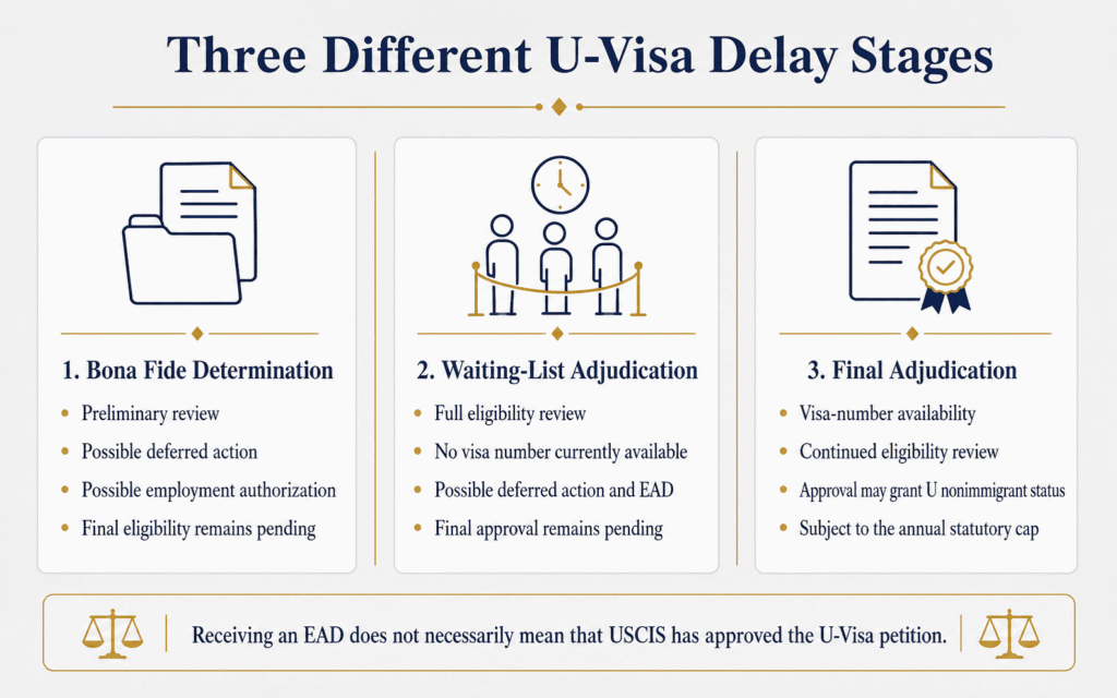 BFD, waiting-list placement, and final U-Visa adjudication involve different reviews and potential benefits.