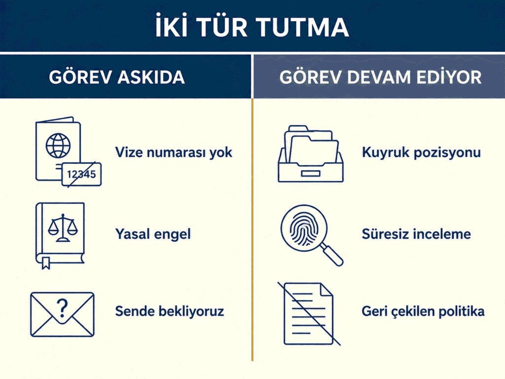 USCIS askılarından hangilerinin karar verme yükümlülüğünü durdurduğunu hangilerinin durdurmadığını karşılaştıran diyagram