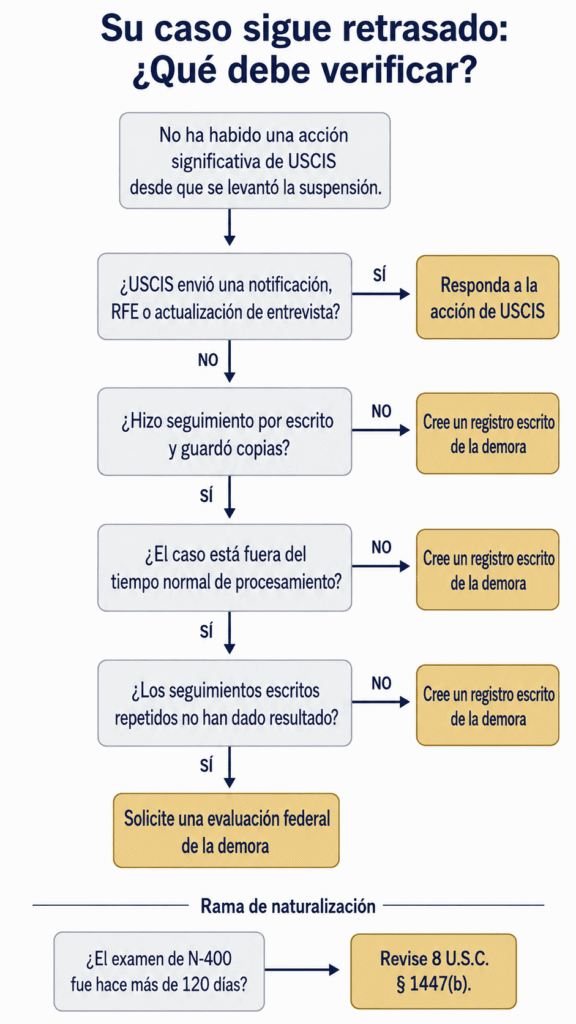 Árbol de decisiones para un expediente migratorio que continúa demorado después de la anulación de la suspensión de USCIS para 39 países
