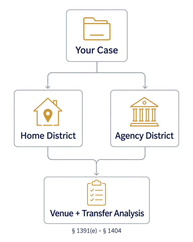 Flowchart showing how plaintiff residence, agency location, and transfer rules affect federal mandamus venue