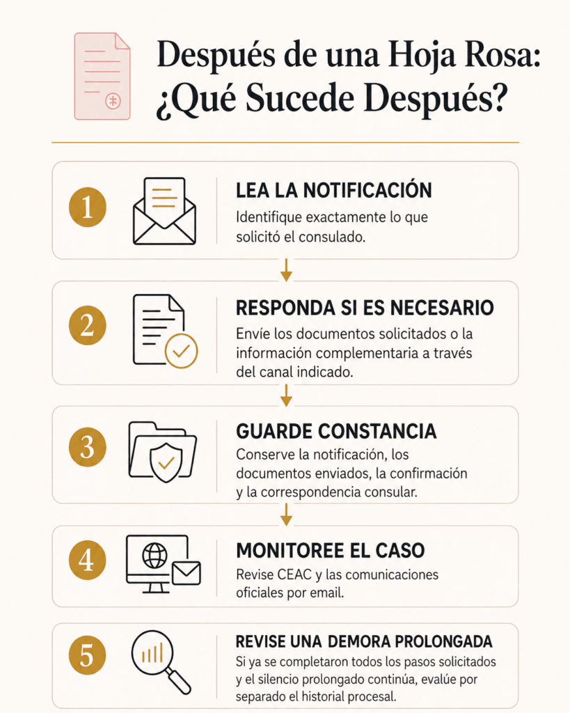 Diagrama con los pasos después de recibir un pink slip 221(g) en una entrevista de visa