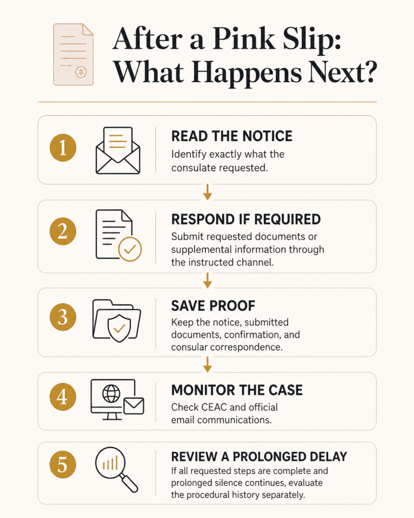 Flowchart showing the steps after receiving a pink 221(g) notice at a U.S. visa interview