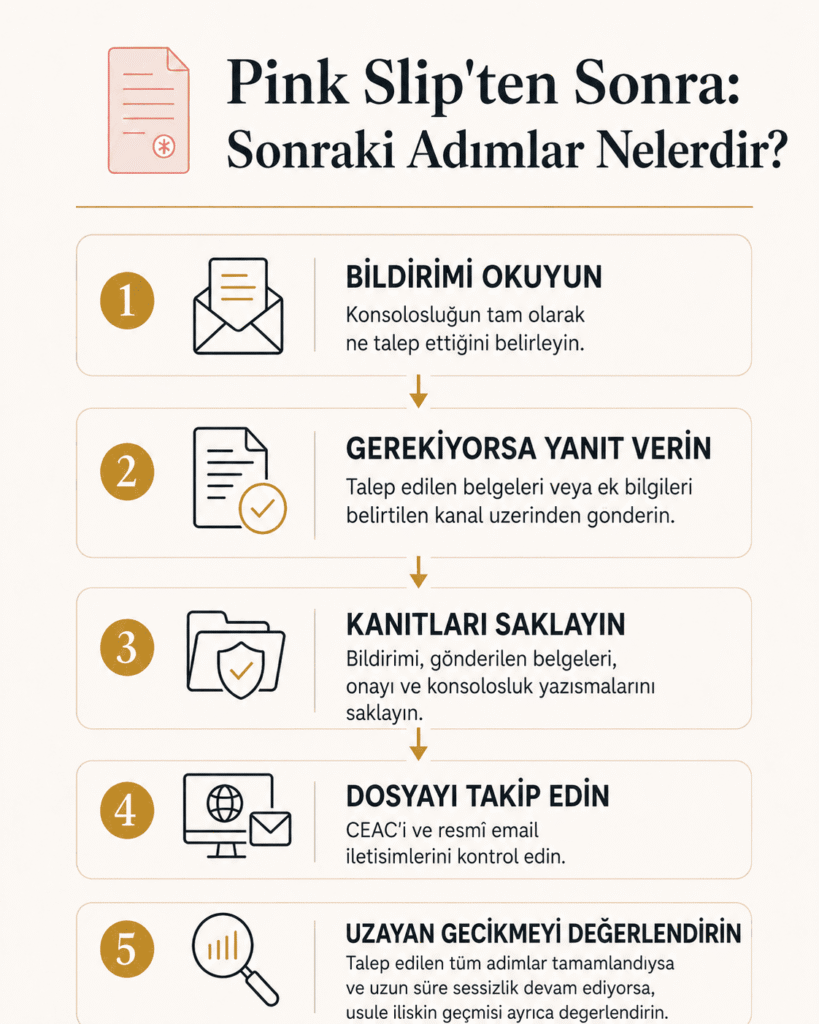ABD vize mülakatında pink slip aldıktan sonraki adımları gösteren süreç şeması