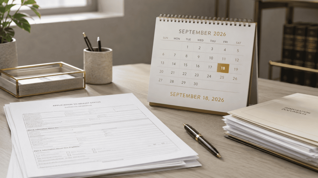 Form I-485 beside a calendar marking the September 18, 2026 public charge rule change