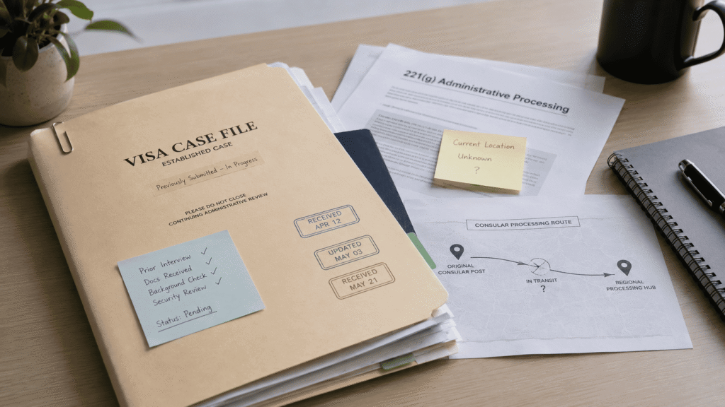 Visa case file moving between U.S. consular posts after the State Department regional hub realignment