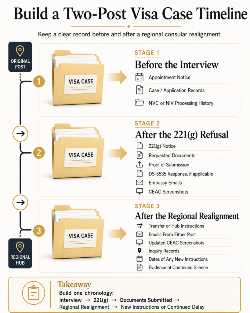 Checklist showing records to preserve when a 221(g) visa case spans an original consular post and a regional processing hub