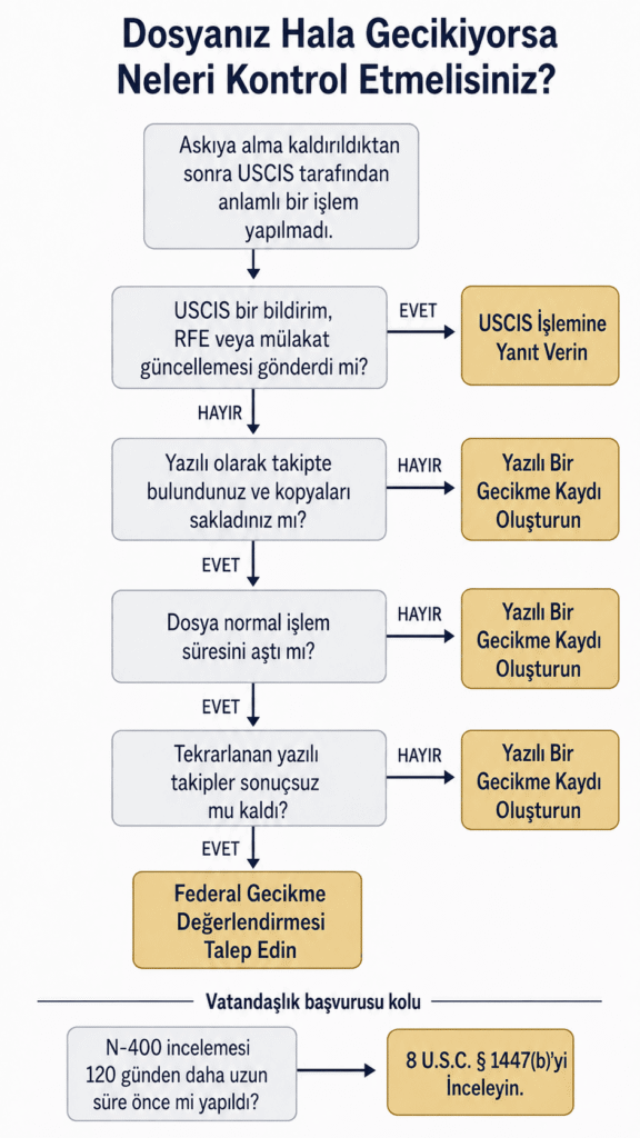 USCIS 39 ülke başvuru askısı kaldırıldıktan sonra hala bekleyen dosyalar için izlenebilecek adımları gösteren karar ağacı