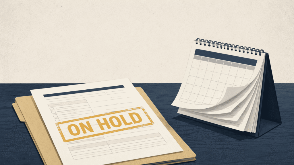 USCIS notice stating a case is on hold beside a calendar tracking months of inaction