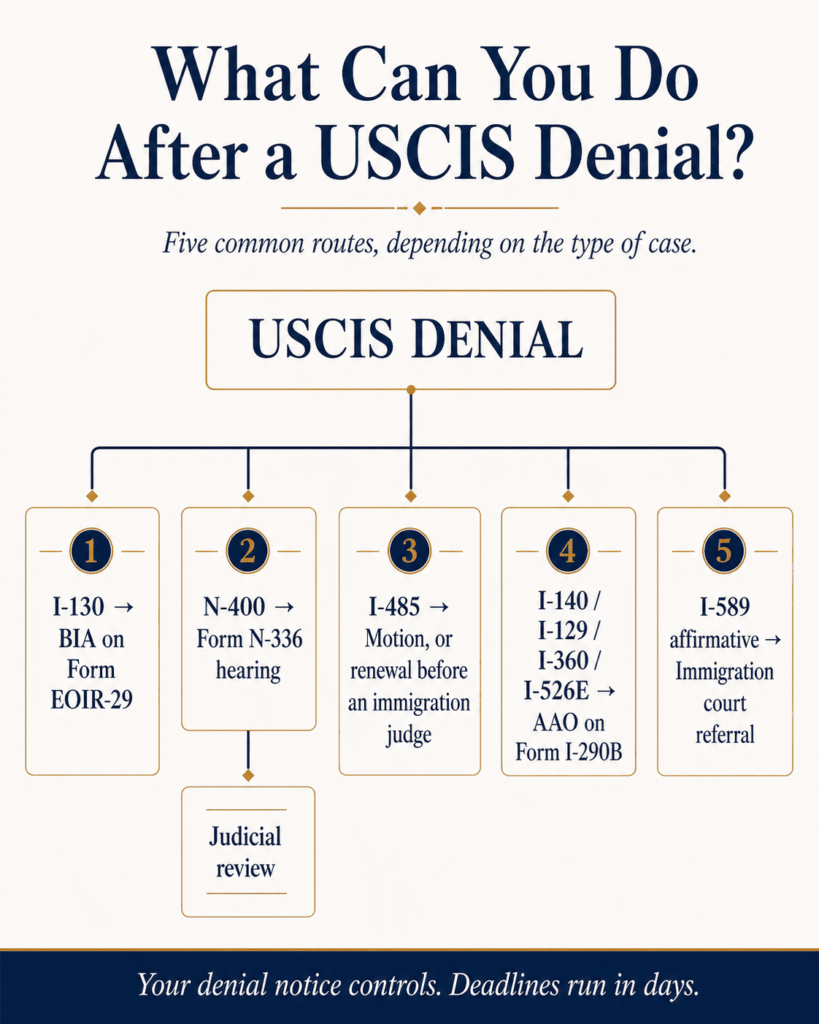 Flowchart of appeal and motion routes after a USCIS denial by form type