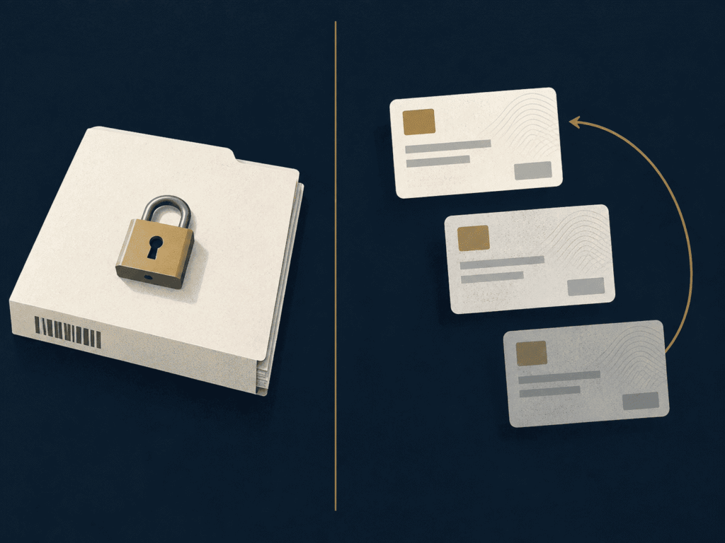A locked green card file beside an employment authorization card cycling through repeated expiration dates