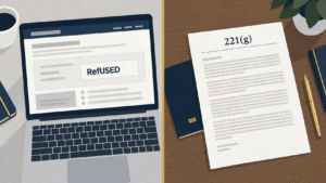 Pantalla de estado de CEAC que muestra Refused junto a un aviso 221(g) impreso después de la entrevista de visa