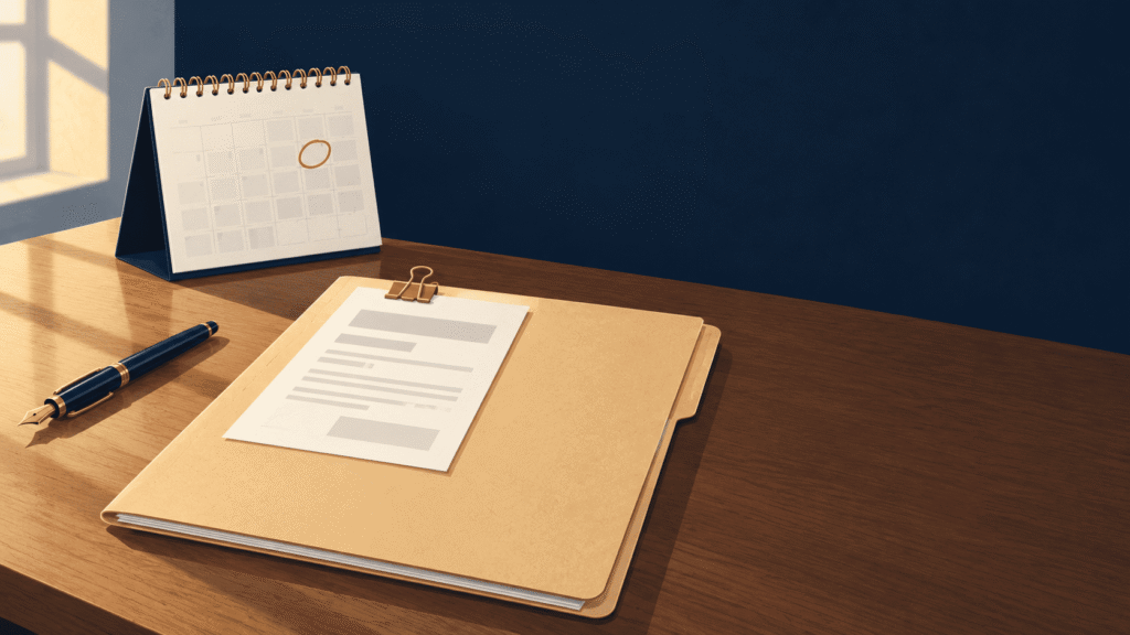 A pending I-140 petition file with its receipt notice beside a desk calendar that has stopped moving