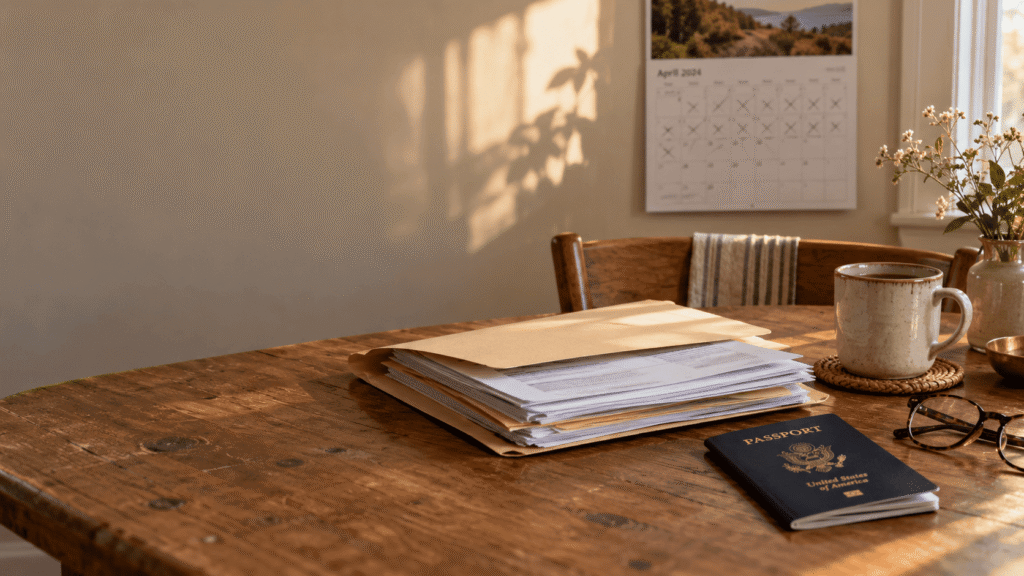 Waiver paperwork on a kitchen table below a wall calendar tracking a long I-601