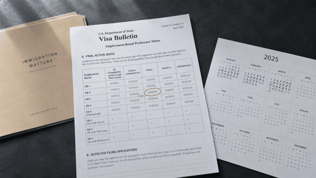 Página del Visa Bulletin con una fecha de corte movida hacia atrás junto a un expediente de green card pendiente