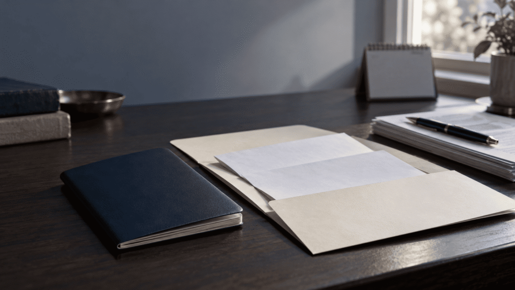 Closed passport beside a consular letter and a dated correspondence log on a desk, representing a stalled visa reconsideration.