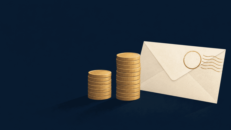 Flat editorial illustration of two coin stacks of different heights beside a postmarked envelope, representing the EB-5 fee increase on November 30, 2026