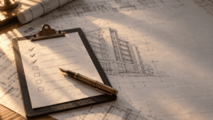Checklist and pen resting on project blueprints, a reminder to review an I-829 delay mandamus case before filing