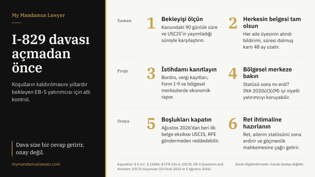 EB-5 yatırımcısının I-829 mandamus davası açmadan önce yapması gereken altı kontrolü gösteren infografik