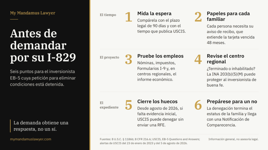 Infografía con seis puntos que el inversionista EB-5 debe revisar antes de presentar una demanda de mandamus por I-829