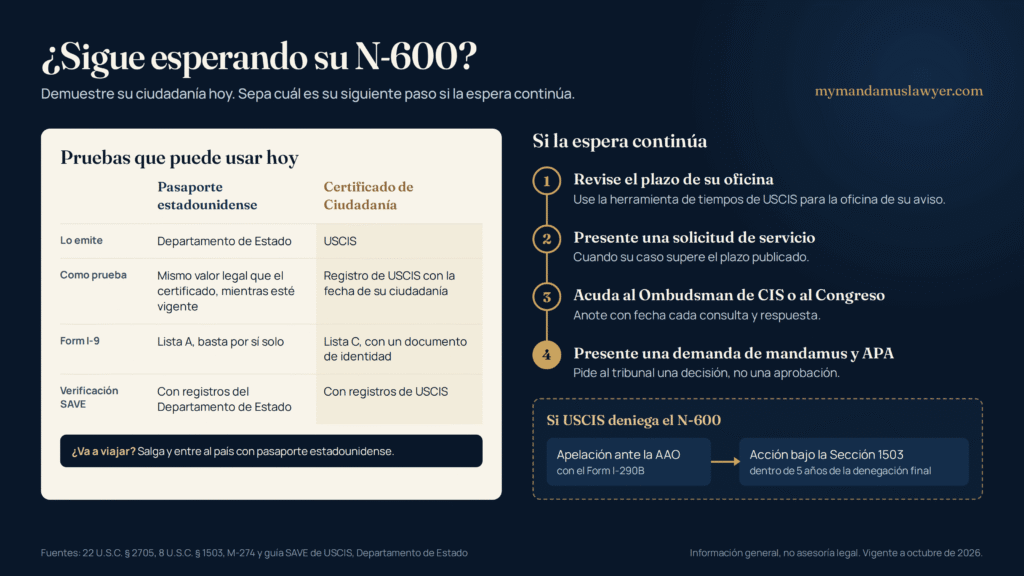 Infografía que compara el pasaporte estadounidense con el Certificado de Ciudadanía y muestra los pasos desde la solicitud de servicio hasta la demanda de mandamus, además de la vía de apelación si USCIS deniega el N-600
