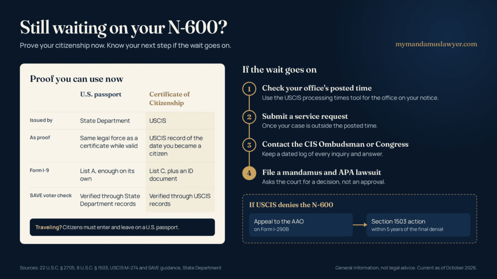 Infographic comparing a U.S. passport and a Certificate of Citizenship and showing the steps from service request to mandamus lawsuit, plus the appeal path after an N-600 denial